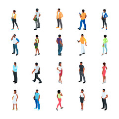 Set of isometric people with different skin color.