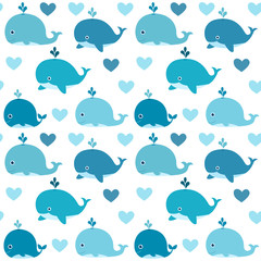 Fototapeta premium Ocean vector seamless pattern with with cute blue whales on white background for kids clothing and textile design