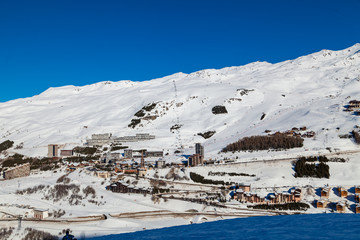 Fototapeta na wymiar Villages of Les Menuires at ski resort Val Thorens. French alps in winter