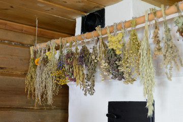 Different types of herbs dried on a rope inside house © Alexey Seafarer