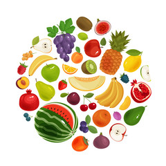 Fruits and berries set of icons. Food concept. Vector illustration