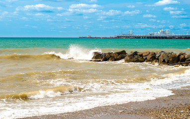 Sea waves on seashore, scenic marine background