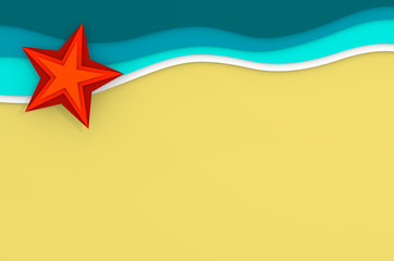 Fototapeta na wymiar Red starfish with azure foamy sea wave on yellow sand 3D illustration
