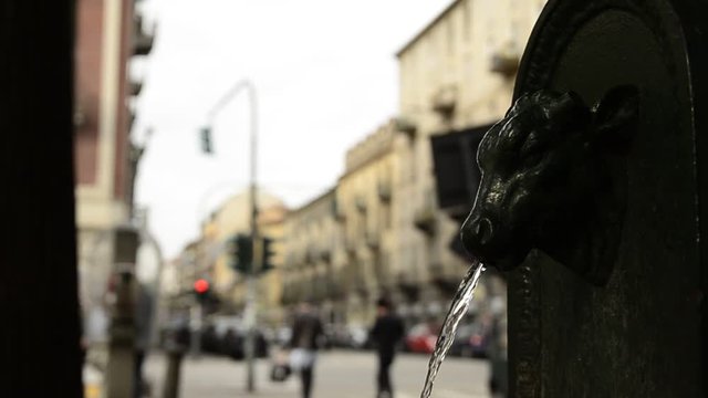 Turin, Piedmont region, Italy. May 2018. The symbolic fountain of Turin, the torello or turet in Piedmontese. They are found in every corner of the city, almost always colored green, sometimes gray