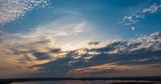 sunset beautiful summer landscape with cloudy sky and natural lake, time-lapses