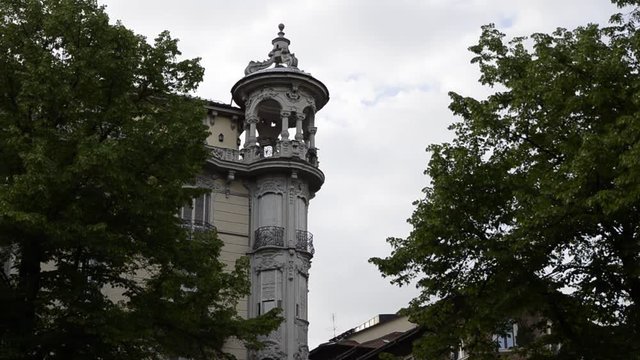 Turin, Italy, Piedmont 21 April 2018. Art Nouveau houses in Turin: Palazzo del Faro Via Palmieri corner via Duchessa Jolanda - Neo-Gothic-Liberty style, by Giovanni Battista Carrera, year 1912.