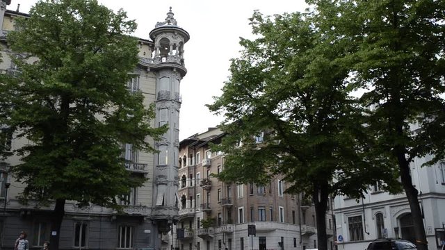 Turin, Italy, Piedmont 21 April 2018. Art Nouveau houses in Turin: Palazzo del Faro Via Palmieri corner via Duchessa Jolanda - Neo-Gothic-Liberty style, by Giovanni Battista Carrera, year 1912.