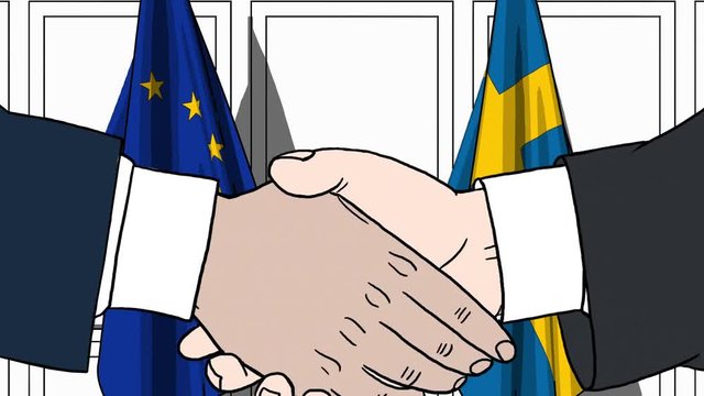 Businessmen or politicians shake hands against flags of European Union EU and Sweden. Official meeting or cooperation related cartoon animation