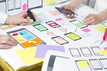 The specialist creates a prototype user experience interface, graphic design. Designing application...