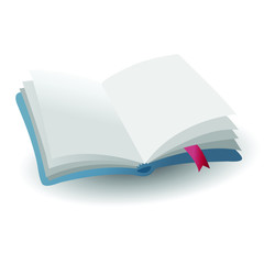 realistic open empty blue book icon with red bookmark with shadow, vector illustration