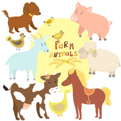 Vector set of cute farm animals: cow, horse, pig, sheep, goat, dog, hen with chickens, goose