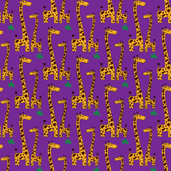 Seamless pattern with cute animals. Giraffes on a lilac background. 
