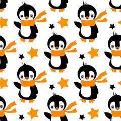 Seamless pattern for children. Cute penguins and stars on a white background. 
