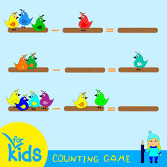 Counting game for children. Examples for subtraction. Colorful birds. 
