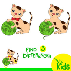 Play on children's attention. Kitten and ball. Find differences 