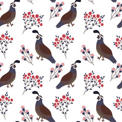 Vector seamless pattern with cute smiling quails and floral elements on the white background