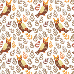 Vector seamless pattern with cute owls and floral elements on the white background