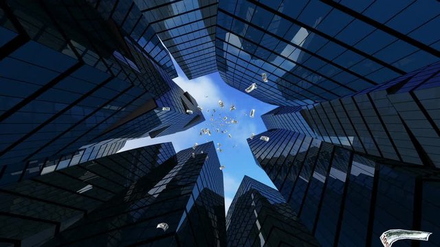 3D animation of business concept, which symbolize a corporate success and prosperity. Banknotes of Dollars currency is falling from financial skyscrapers buildings into the wallets, full hd
