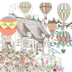 Cute illustration with old European house, garden and air balloons. Boutique banner or card © Mary fleur