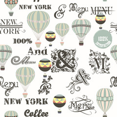 Retro pattern or illustration with air balloons and words in vintage hipster style ideal for fabric