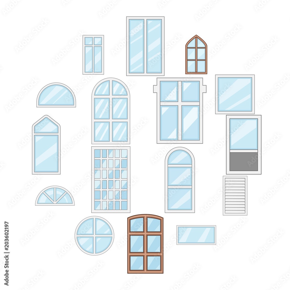 Poster window design types icons set. cartoon illustration of 16 window design types vector icons for web