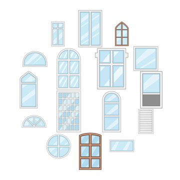 Window design types icons set. Cartoon illustration of 16 window design types vector icons for web