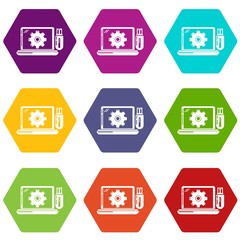 Laptop repairicons 9 set coloful isolated on white for web