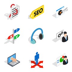 Internet reality icons set. Isometric set of 9 internet reality vector icons for web isolated on white background