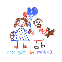 Kid doodle of birthday party guests with balloons and presents isolated on white background.