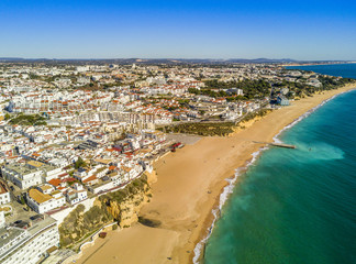 Fototapeta na wymiar Aerial view of sandy Fishermen Beach in Albufeira, Algarve, Portugal