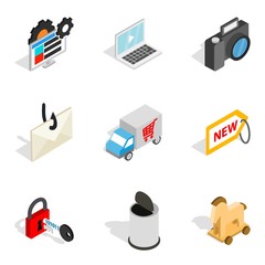 Online society icons set. Isometric set of 9 online society vector icons for web isolated on white background