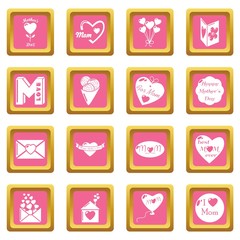 Mother Day icons set vector pink square isolated on white background 
