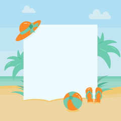 Summer beach vacation banners with holiday accessories on sand with palm trees near water and big paper for copy space.