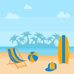 Fototapeta na wymiar Summer beach vacation banner with lounge and holiday accessories on sand near water.