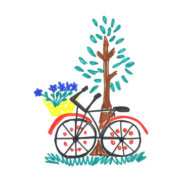 Kid doodle of bicycle with blue flowers in floral basket near tree with leaves isolated on white background.