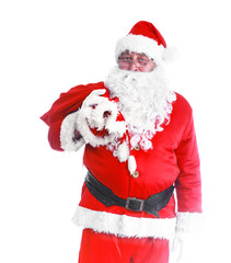 Santa Claus with Christmas Gift, isolated on white background.