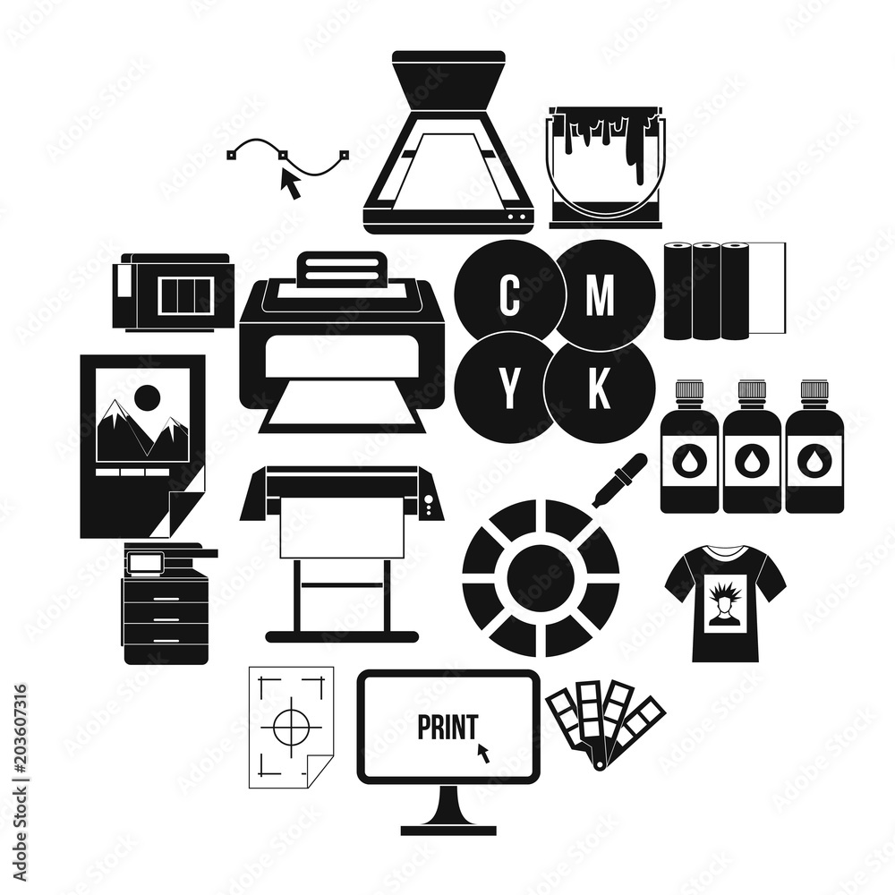 Poster printing icons set in simple style for any design