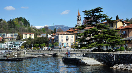 Laveno Mombello, Italy - April 18, 2018: Laveno Mombello, located in an natural gulf of Lake Maggiore in province of Varese, Italy.