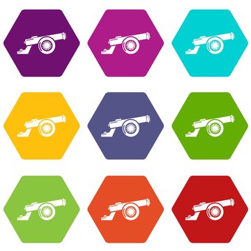Cast-iron cannon icons 9 set coloful isolated on white for web