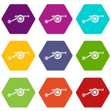 Siege gun icons 9 set coloful isolated on white for web