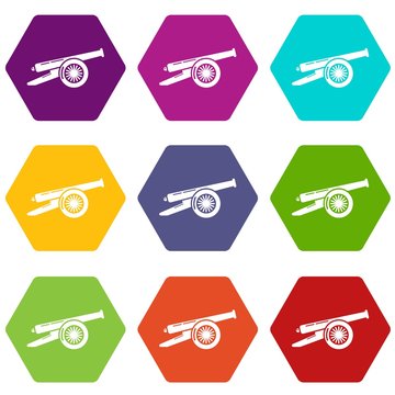 Enemy cannon icons 9 set coloful isolated on white for web