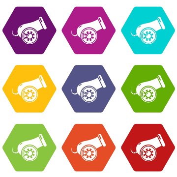 Anti-aircraft gun icons 9 set coloful isolated on white for web
