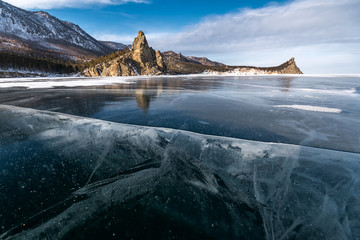 Beautiful crack on the ice of Lake Baikal