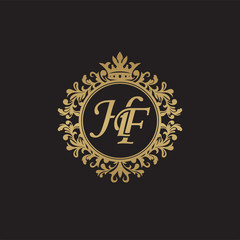 Initial letter HF, overlapping monogram logo, decorative ornament badge, elegant luxury golden color