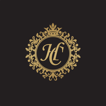 Initial letter HC, overlapping monogram logo, decorative ornament badge, elegant luxury golden color