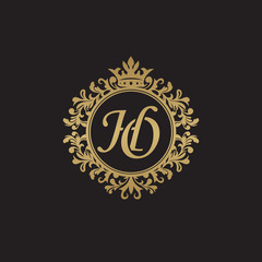 Initial letter HO, overlapping monogram logo, decorative ornament badge, elegant luxury golden color