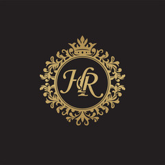 Fototapeta na wymiar Initial letter HR, overlapping monogram logo, decorative ornament badge, elegant luxury golden color