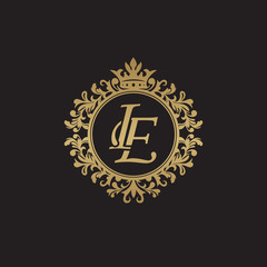 Initial letter IE, overlapping monogram logo, decorative ornament badge, elegant luxury golden color