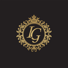 Initial letter IG, overlapping monogram logo, decorative ornament badge, elegant luxury golden color