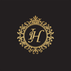 Initial letter IH, overlapping monogram logo, decorative ornament badge, elegant luxury golden color